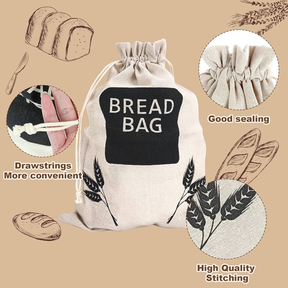 Cream Bread Storage Linen Bags Black Print Homemade‎ Loaf